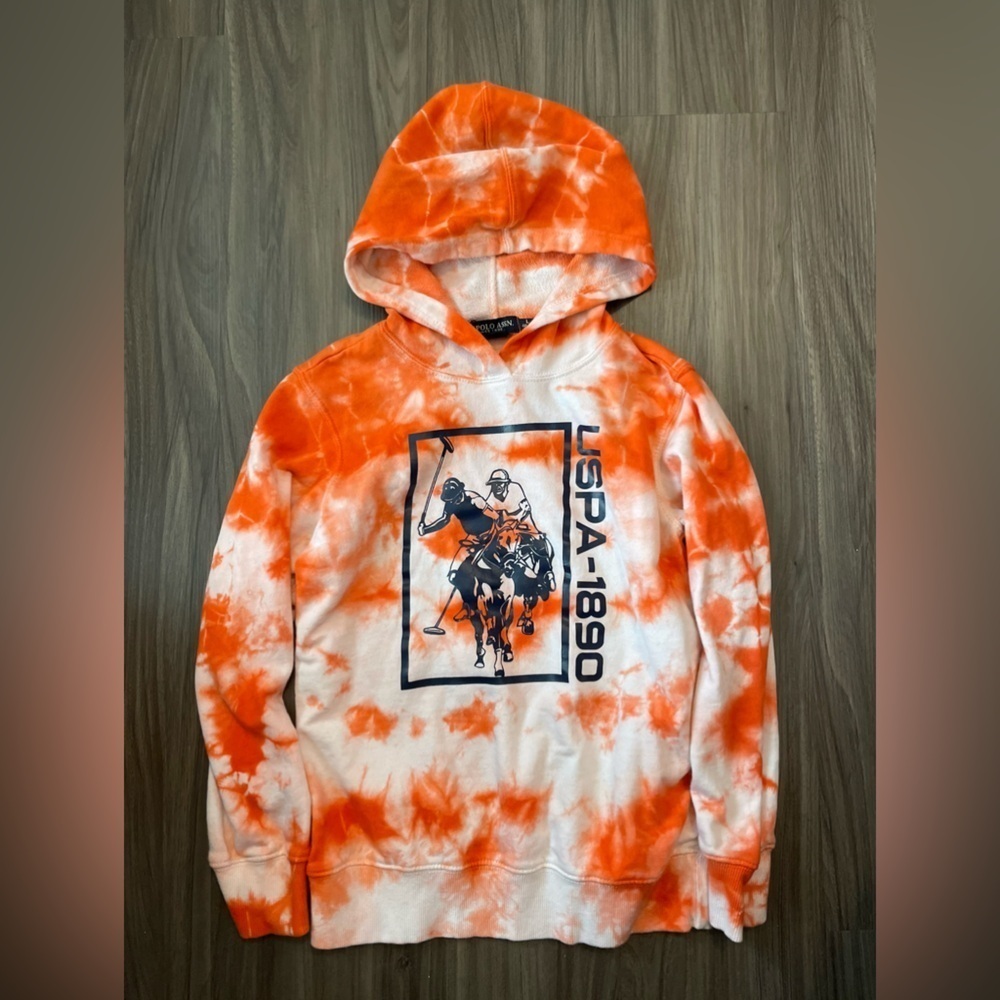 U.S Polo Assn 1890 Boys fleece lightweight Orange Tie-Dye Hoodie size L 10/12